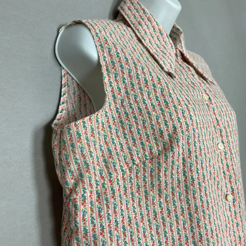 Vintage Sleeveless Blouse Dagger Collar Floral Stripes Button - Image 12