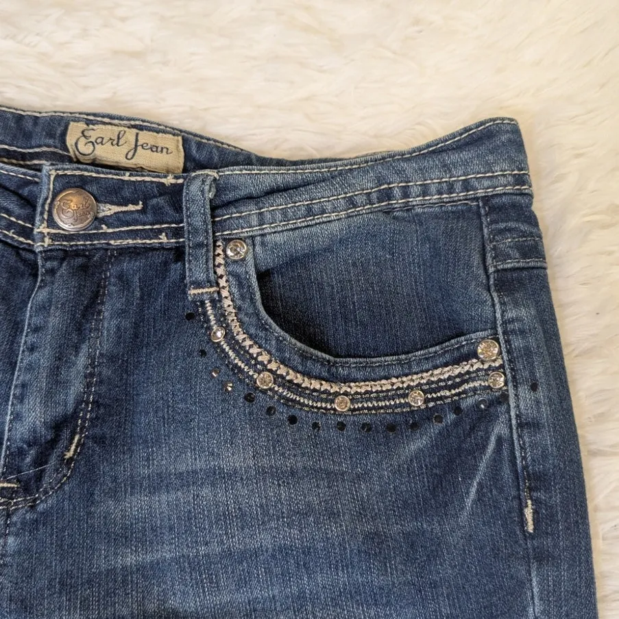 Y2K Vintage Earl Jean Bedazled Lace Detail Capri Cut Medium Wash Jeans Size 8 Blue - Image 13