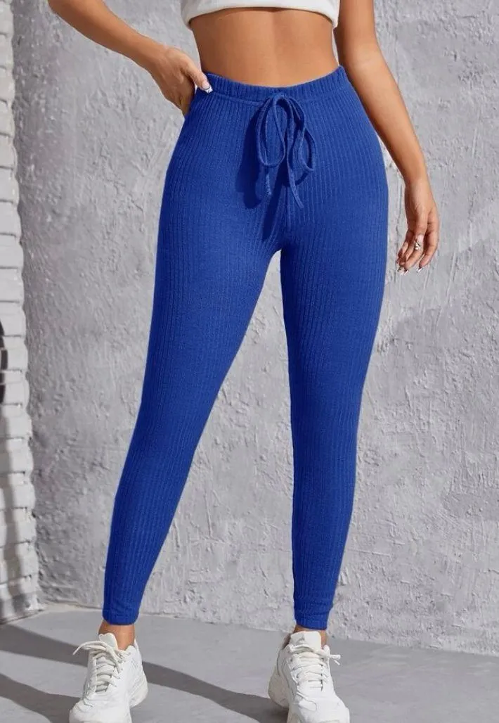 Royal Blue Knot Waist Ribbed Rib Knit Solid Leggings Large - Image 3