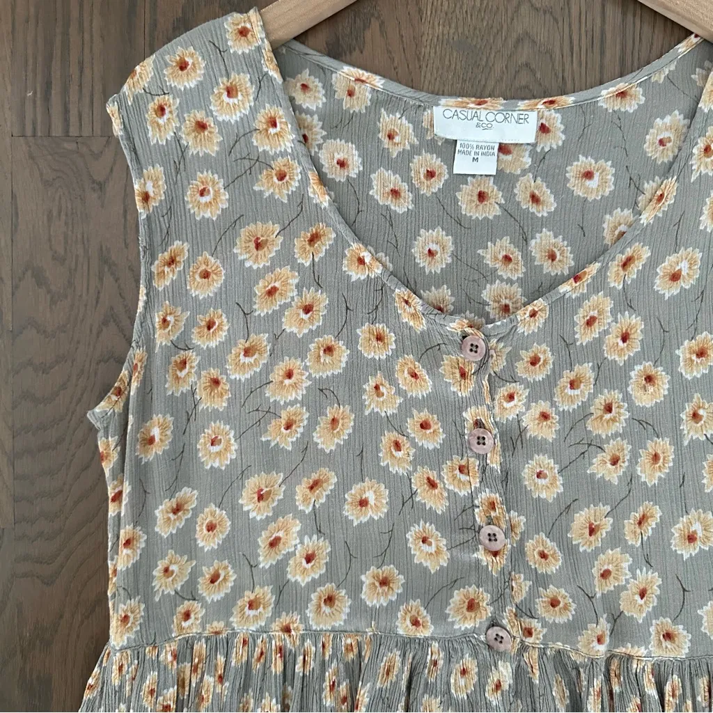 Vintage 90s Grunge Ditsy Floral Print Babydoll Gauze Midi Dress in Sage Green M - Image 6