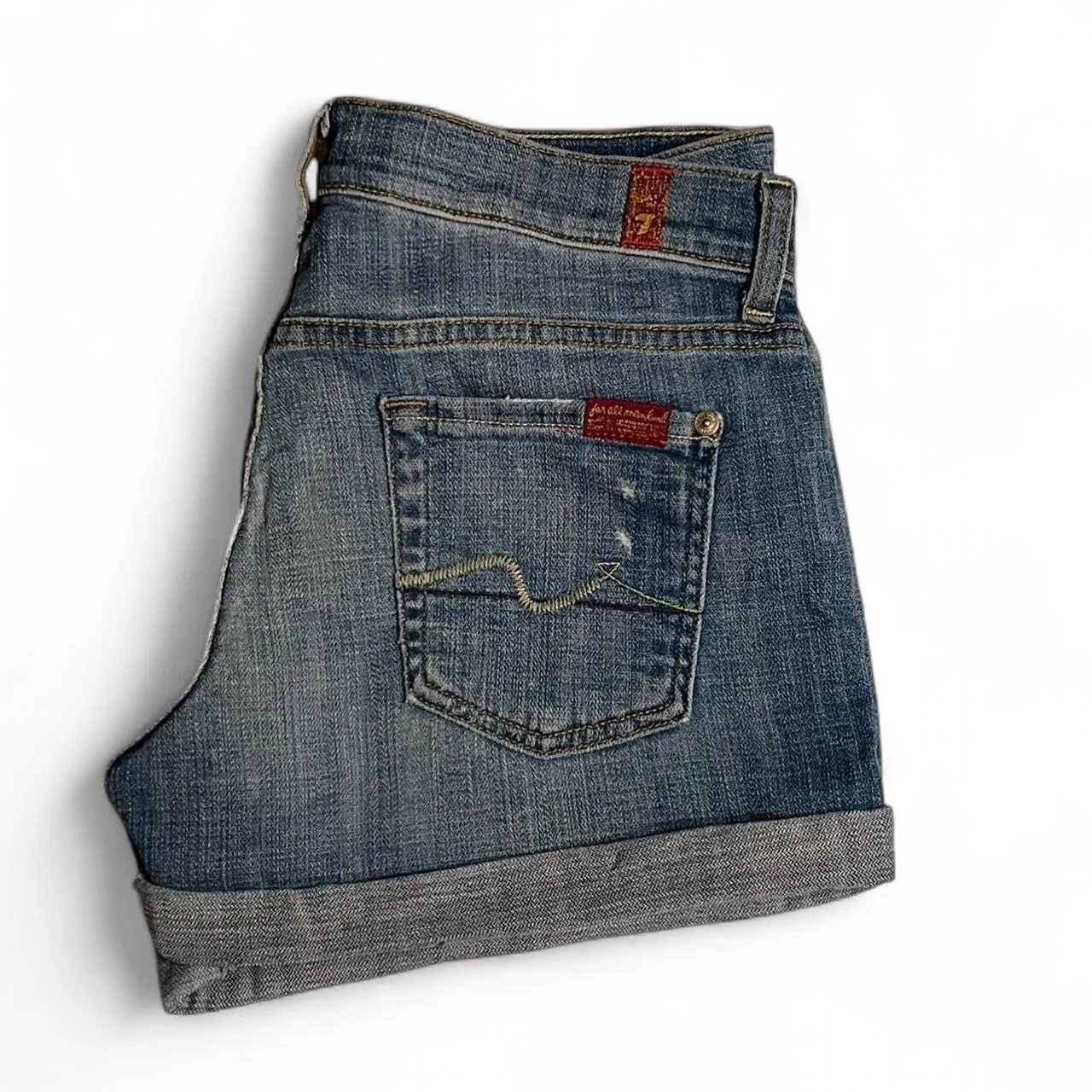 7 For All Mankind blue denim shorts light distressed roll up size 26 4” inseam #denimshorts  EXCELLENT Condition - Image 2