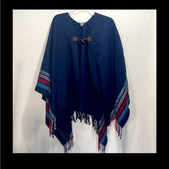 Aerie One Size Cotton Poncho Shawl Blue Red White Stripe Fringe Guaze Clip Boho. - Image 6