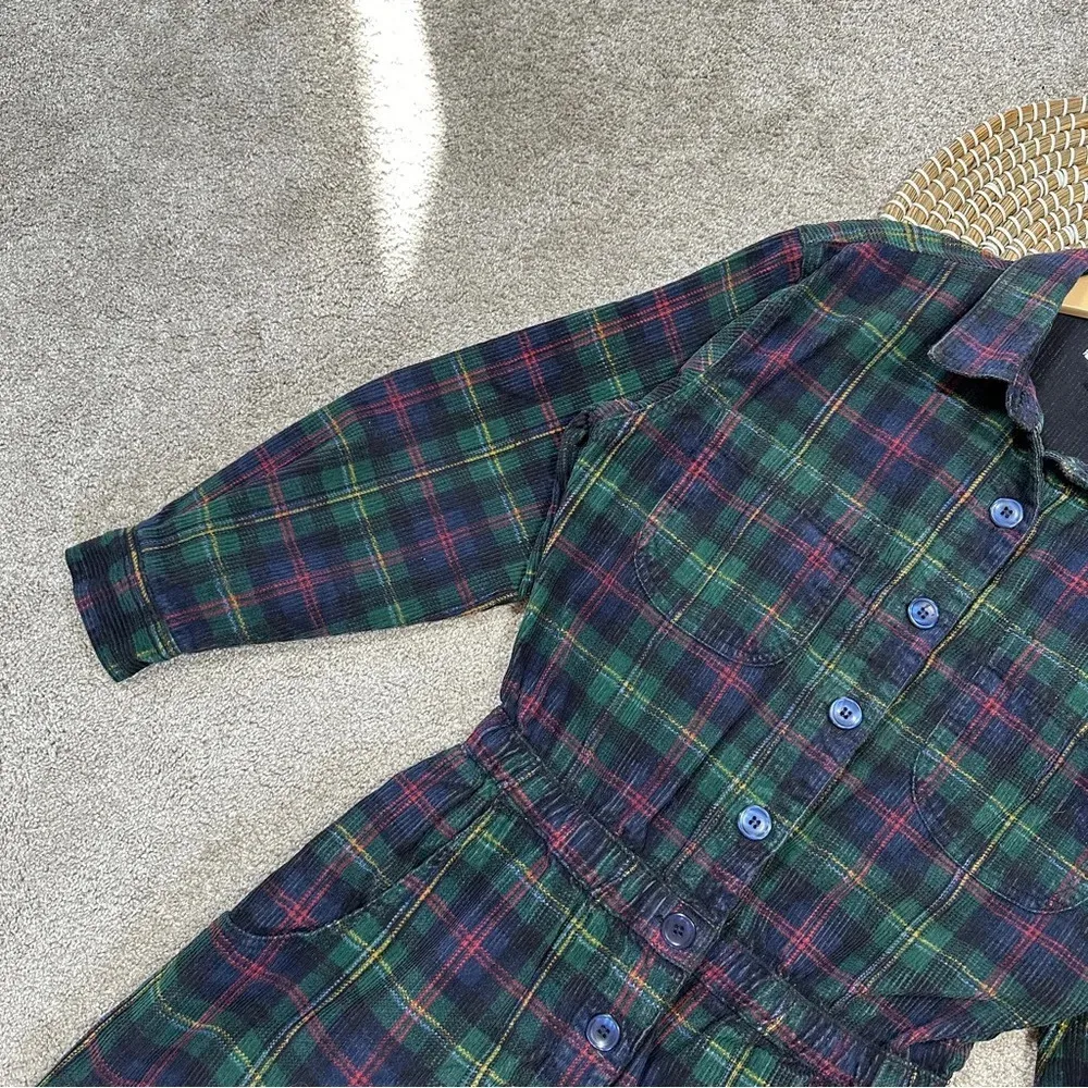Fads Vintage 90s Y2K Tartan Plaid Corduroy Button Up Shirt Dress Long Sleeve M Green Size M - Image 7