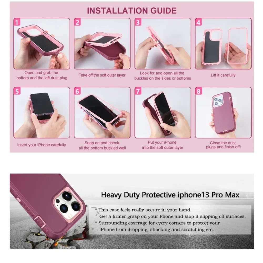 NWT! Iphone 13 Pro Max Wine Red Pink Anti-Scratch 360 Full Body Protective Case - Image 9