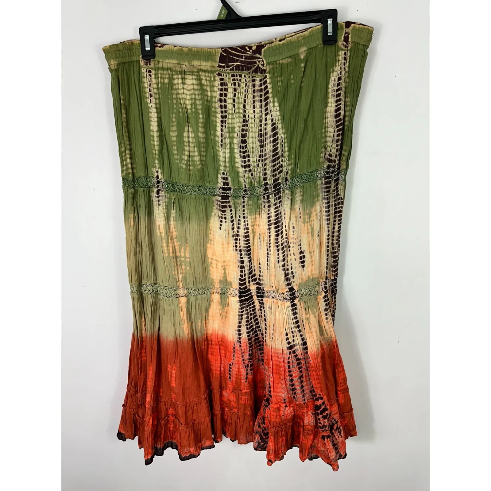 Kaktus Tie Dye Midi Skirt XL Green Orange Boho Hippie Festival Earthy Granola - Image 2
