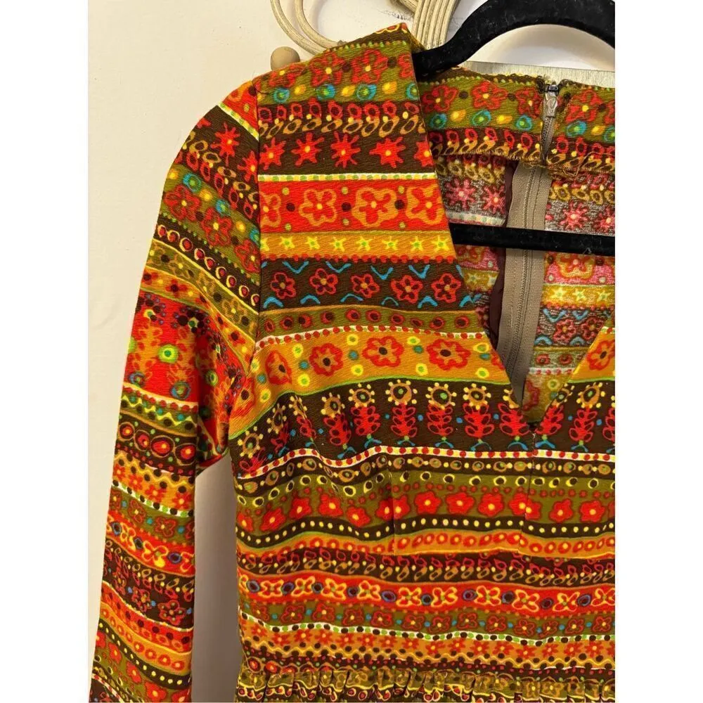 Vintage Groovy Floral Bark/ Lava Cloth Handmade Maxi Dress S/M Orange - Image 8