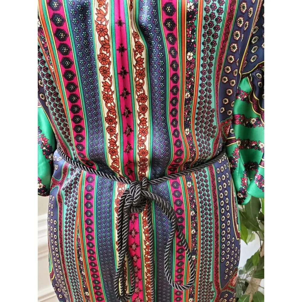 Single Dress Multicolor 100% Silk Long Sleeve Cord Waist Tie Knee Length Dress S - Image 3