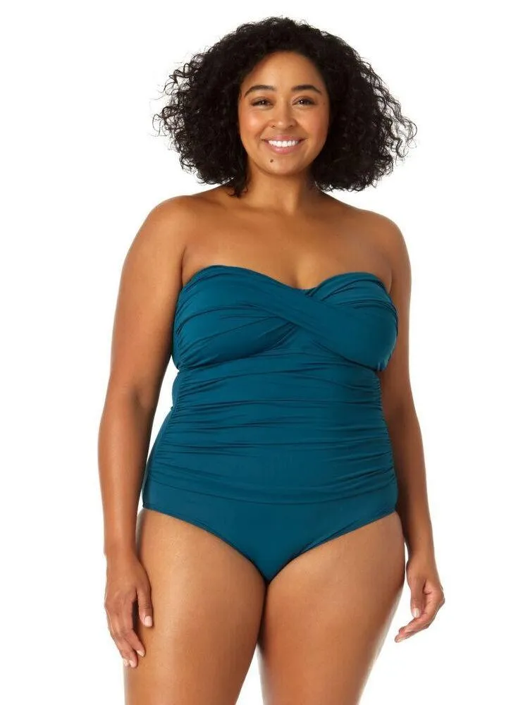 Anne Cole Twist Front Shirred One Piece Swimsuit in Deep Sea Blue Size 16W - Image 2