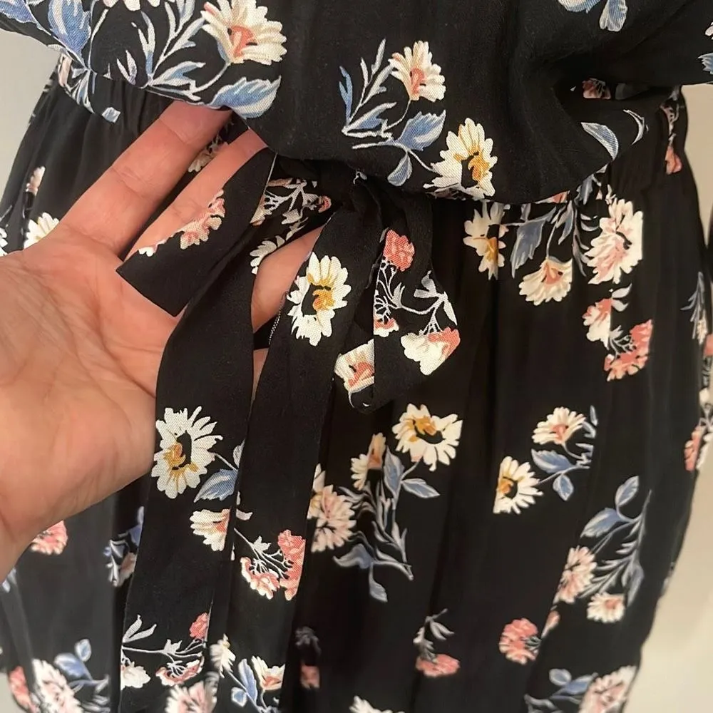 Womens Floral Romper Halter Neck Sleeveless Waist Tie Pocket Small Black - Image 7