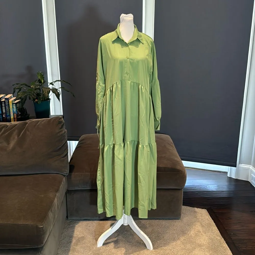 Women’s Lightweight Long Sleeve Loose Maxi Bohemian Ruffle Hem Dress Size XL NEW Green - Image 3