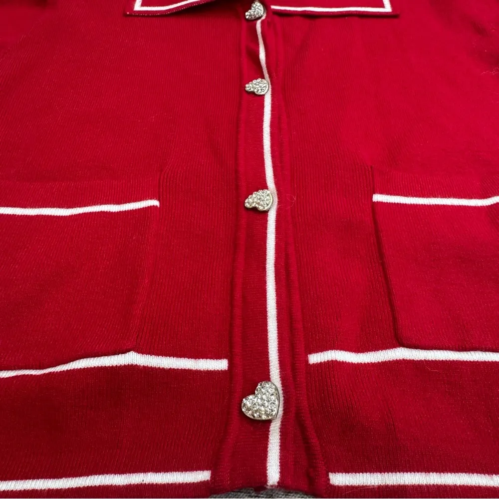 SHEIN Women's Long Sleeve Crop Cardigan Red White Heart Button Collar S SM Small - Image 4