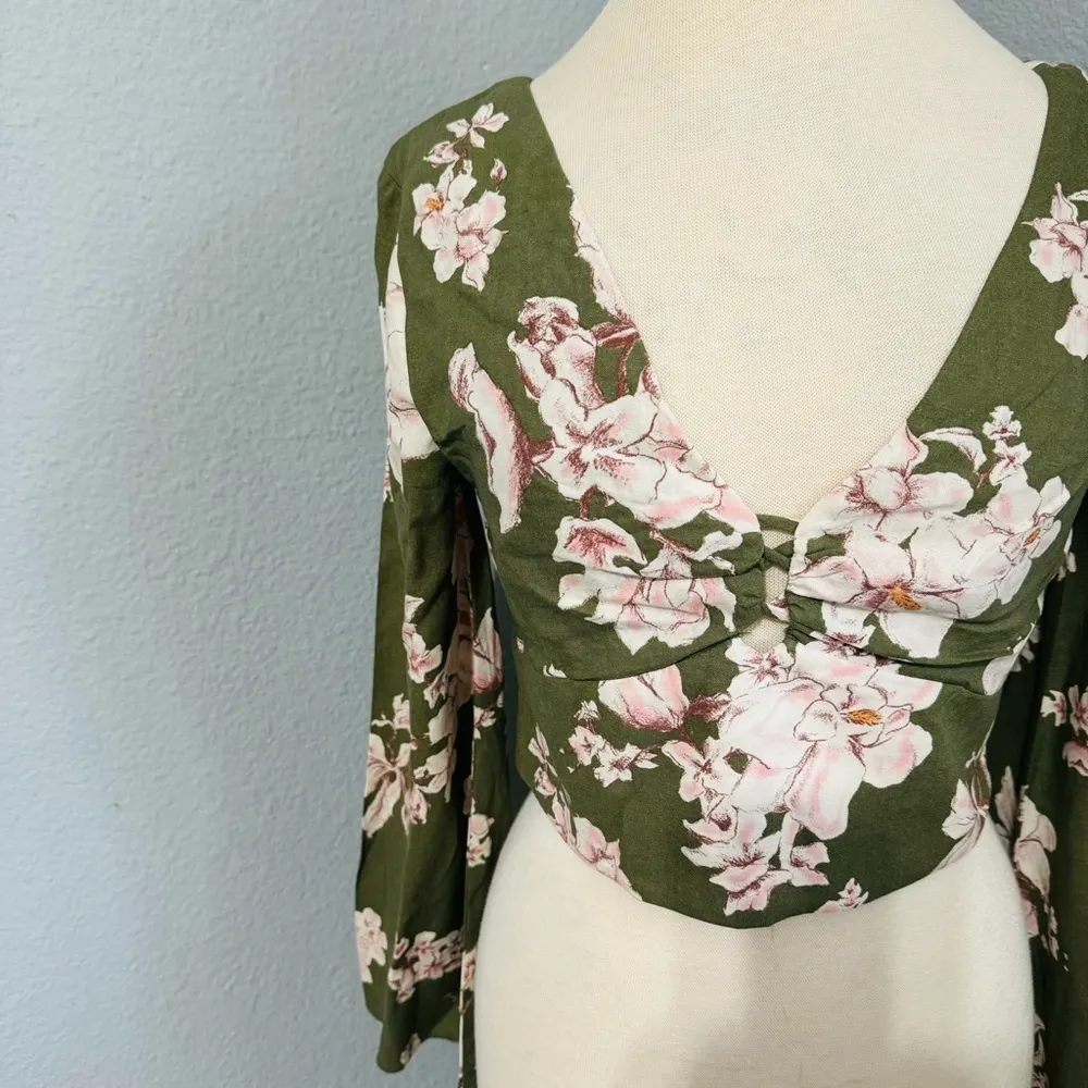 Zara Women Bloggers Fav Khaki Floral Bohemian Linen Blend Cropped Top Sz L - Image 6