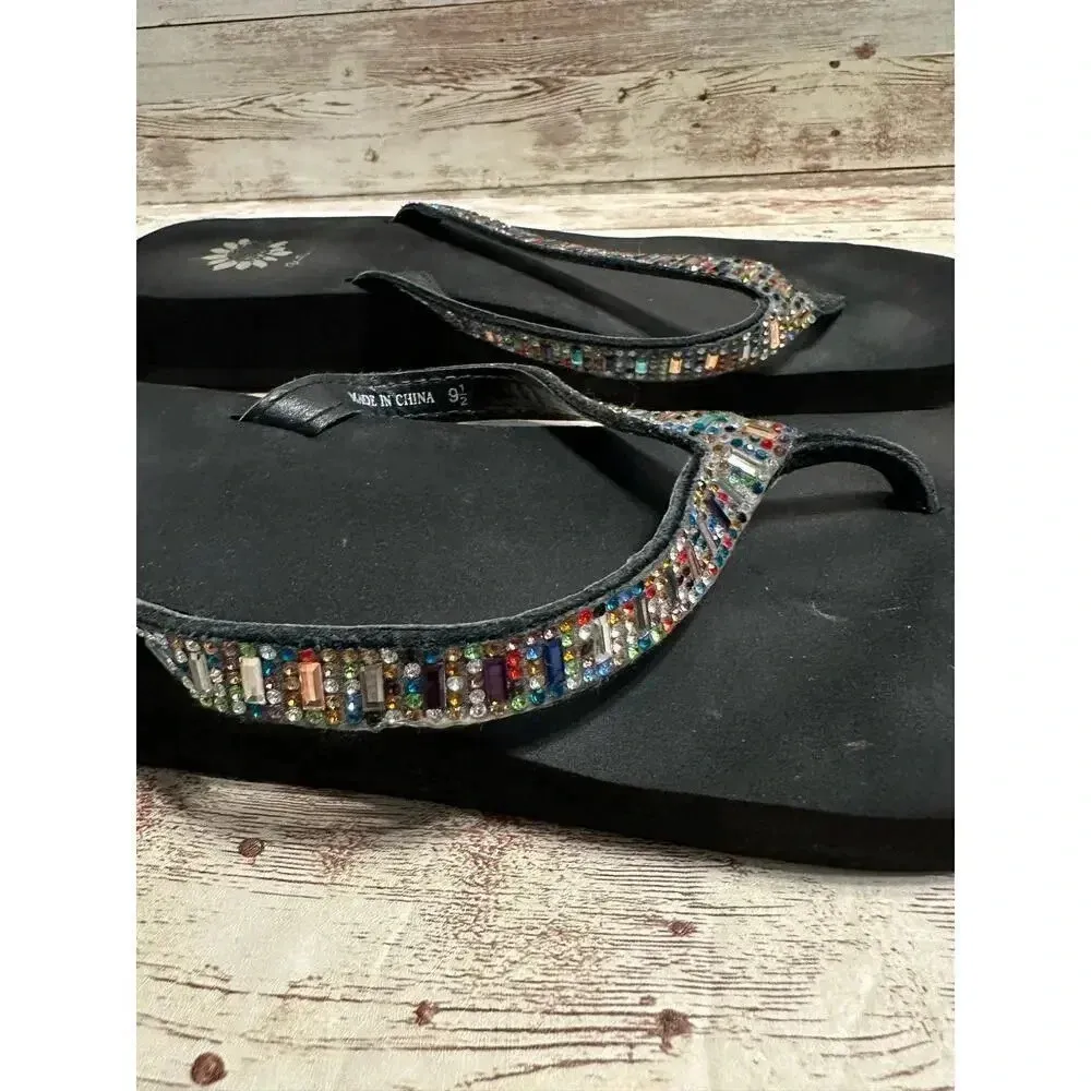 Yellowbox Flip Flops Size 9.5 Blingy Rhinestone Sandals Black - Image 3
