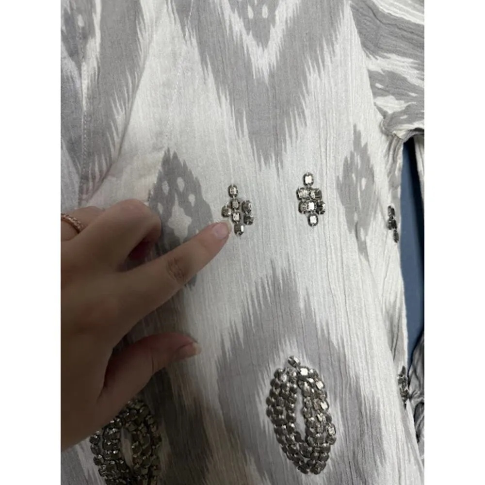 Swim Cover Up Geometric Grey White Gem Embellished Lightweight Sheer Roll Sleeve Size M - Image 3