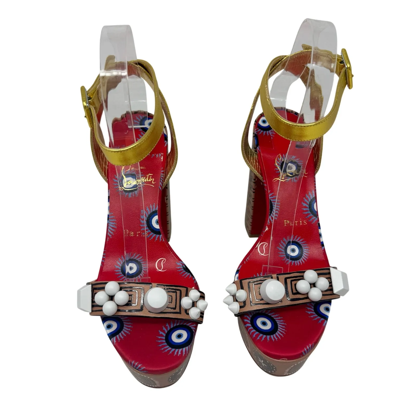 Christian Louboutin Movida Athina Platform Heels Tribal Print Gold Straps 37.5 - Image 2