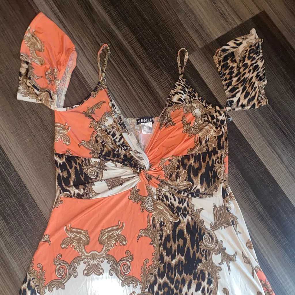 VENUS Orange and Beige Patterned Dress - Image 3