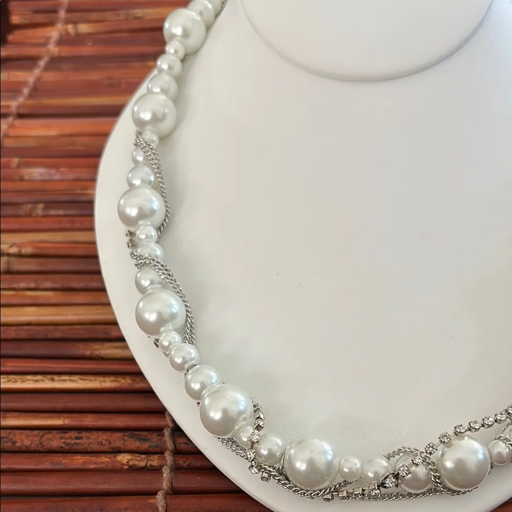 New York & Company Silver and White Faux Pearl Necklace with Twisted Rhinestone - Image 2