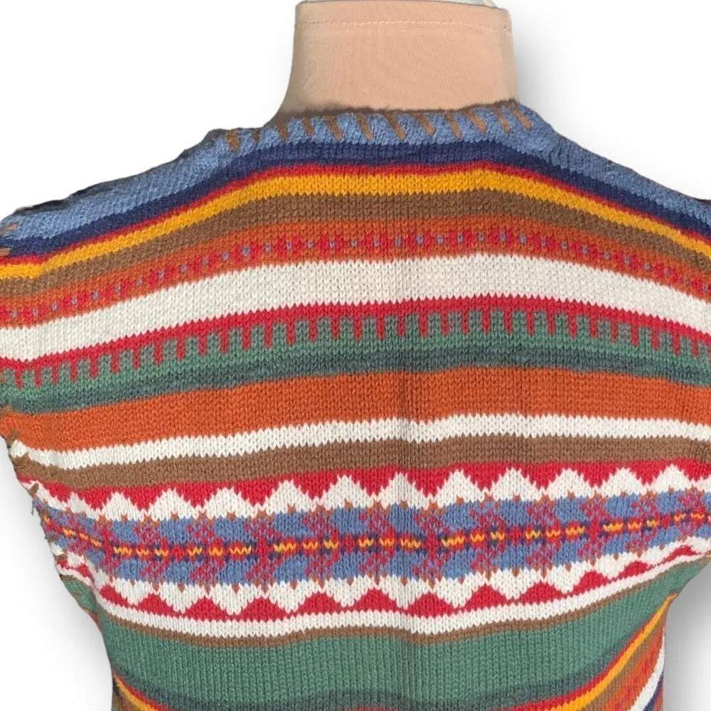 Vintage 90s Printed Knit Sweater Vest Yellow Burgundy Striped Vneck Button Front Red - Image 6