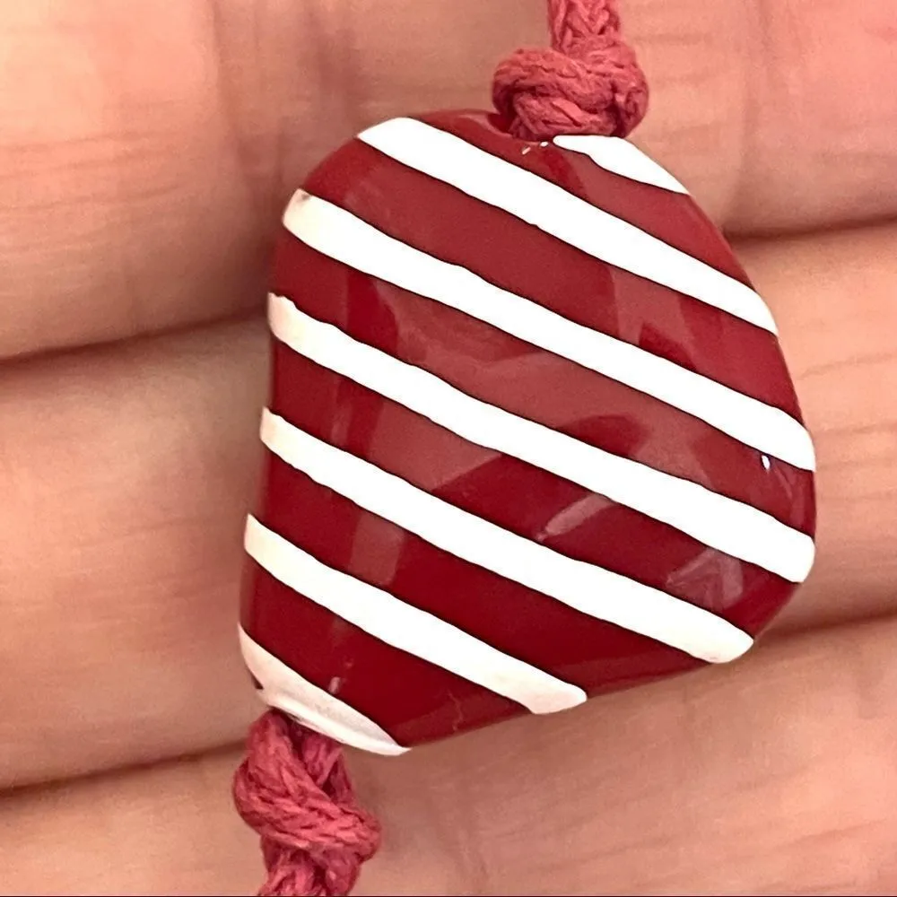Red and white stripe beaded necklace on cord - Image 7
