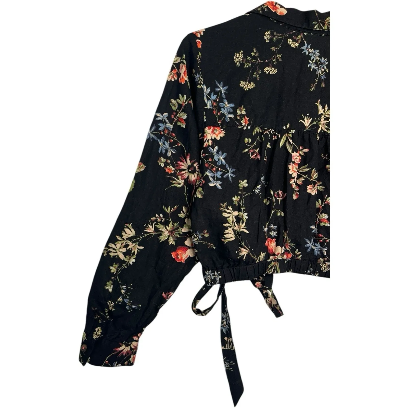 Pilcro Top Womens Small Black Floral Linen Crop Faux Wrap Top Boho Cottagecore - Image 8