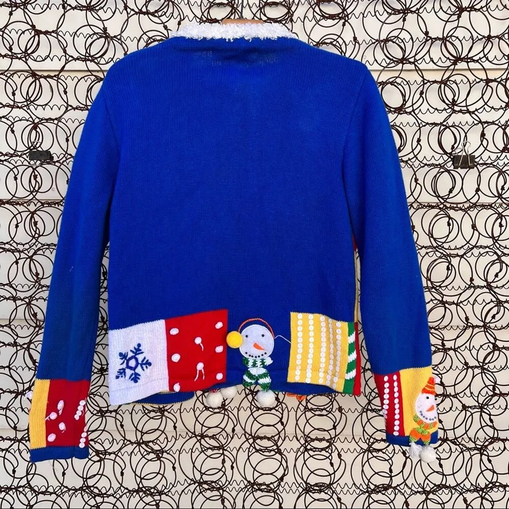 90s Jack B Quick Christmas primary color checkerboard snowman cardigan sweater Blue Size undefined - Image 3