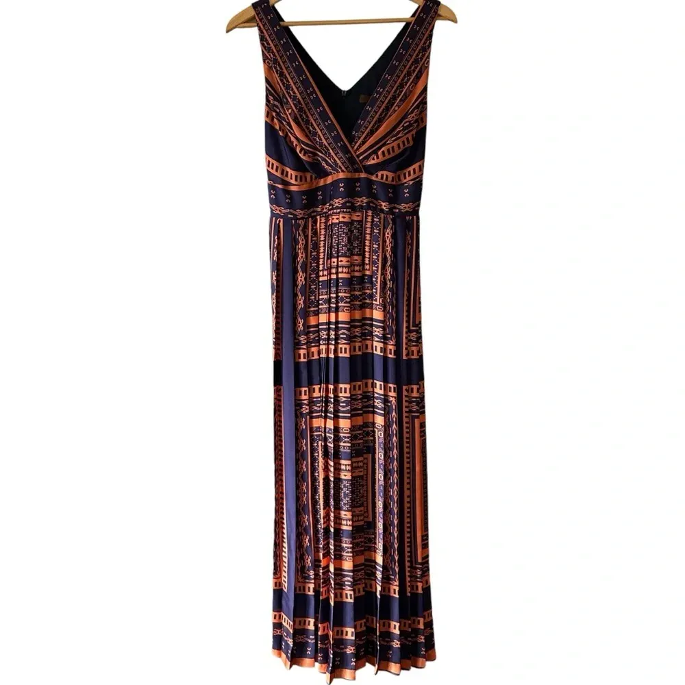 Eva Franco Anthropologie V Neck Boho Indie Tribal Pleated Midi Maxi Dress Sz 6 Orange - Image 2