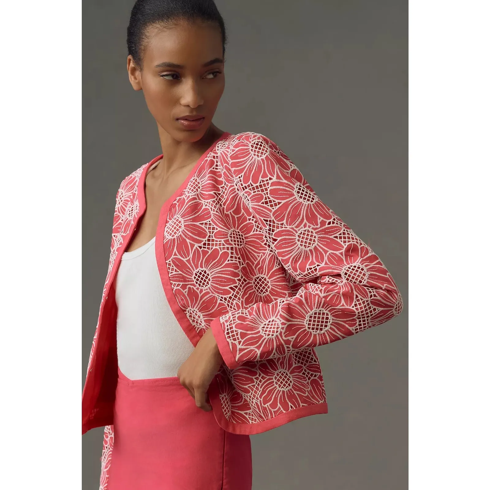 Anthropologie NWT Dolan Pink & White Linen Cutwork Jacket Size M - Image 3