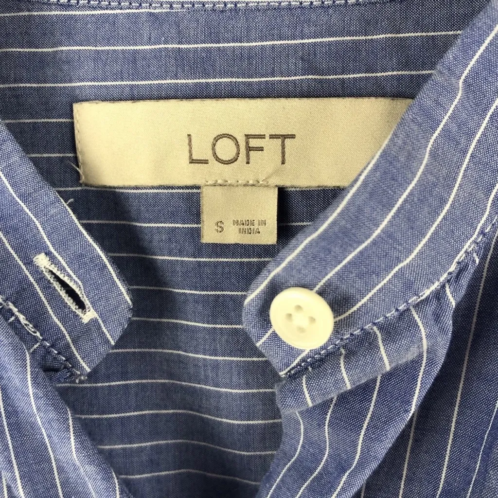 Loft  Blue and white Striped button front floral embroidered shirt small - Image 4