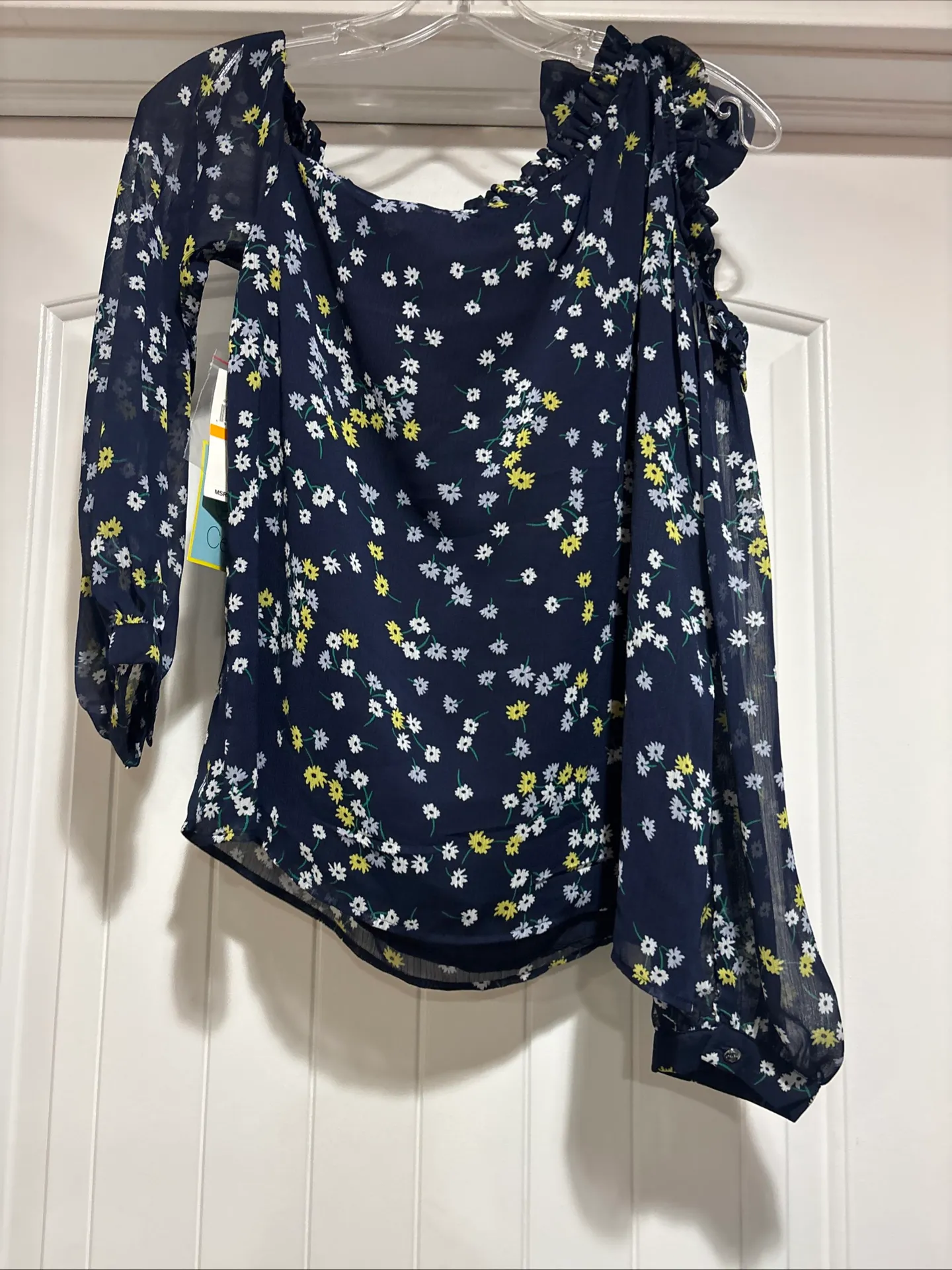 Womens Navy Cold Shoulder Ruffled Bow Detail Sheer . NWT - Image 6