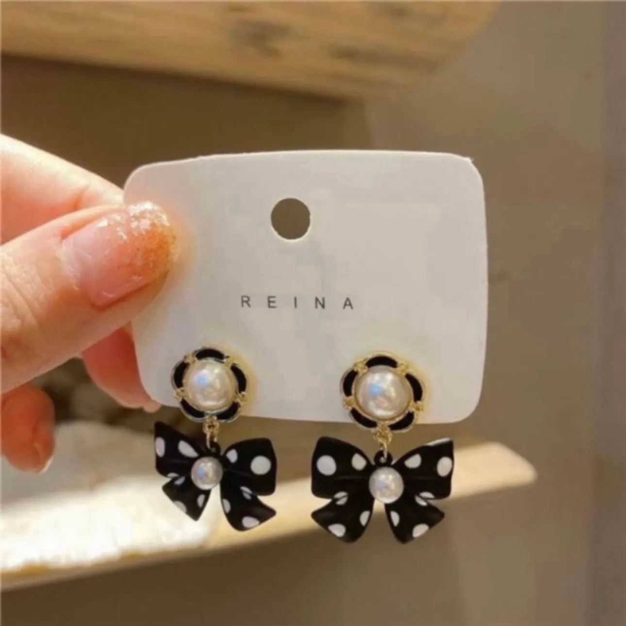 Women's White Pearl Bow Drop Dangle Earrings Gold - Image 2