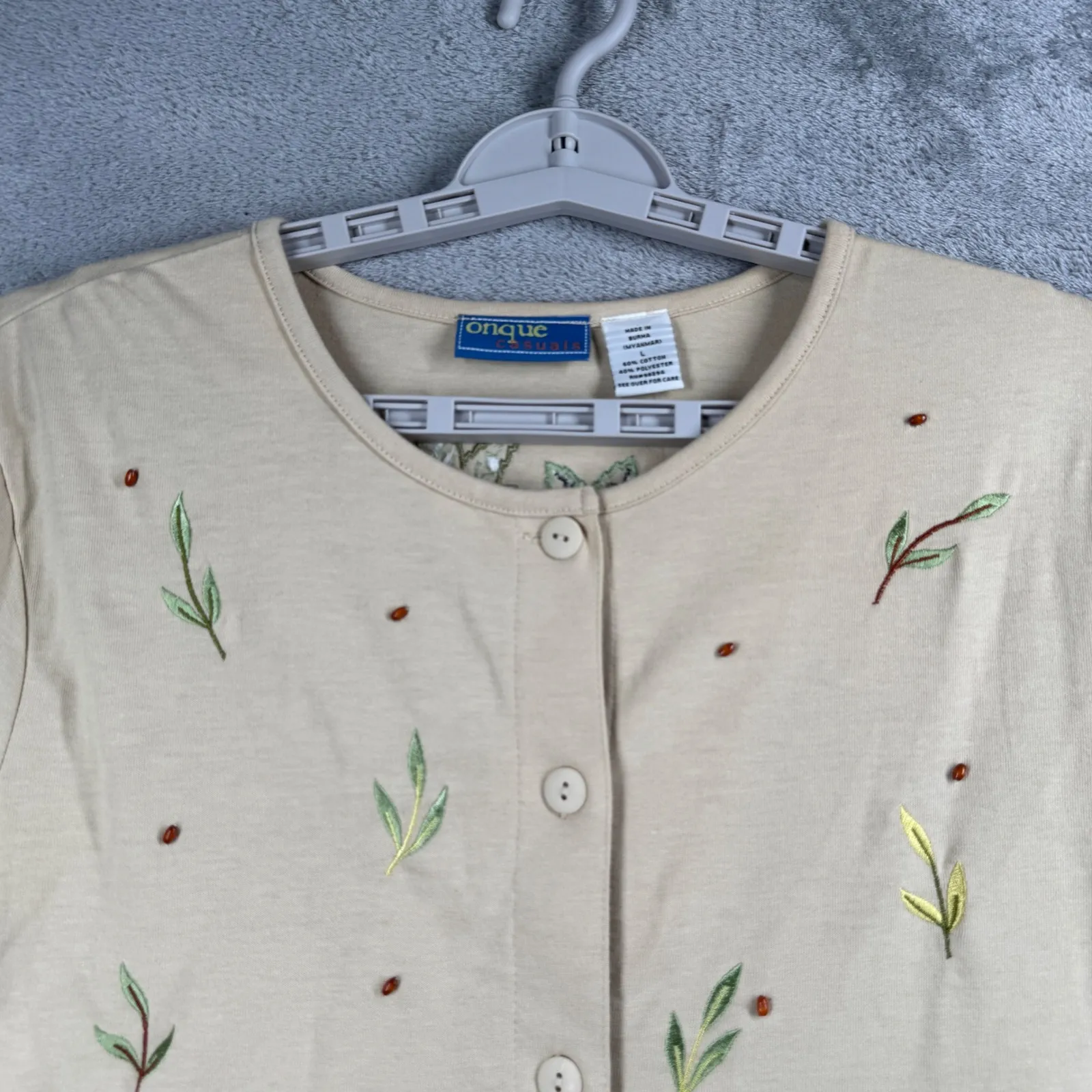 Onque‎ Casuals Cardigan Large Safari Monkey Giraffe Elephant Embroidered Novelty Tan - Image 4