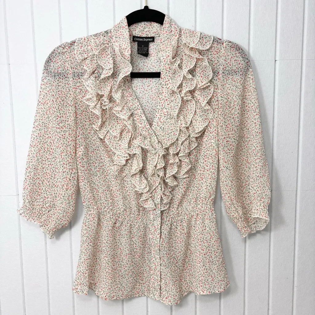 Cotton Express  Cream Floral Ruffle lightweight Blouse size S - Image 3