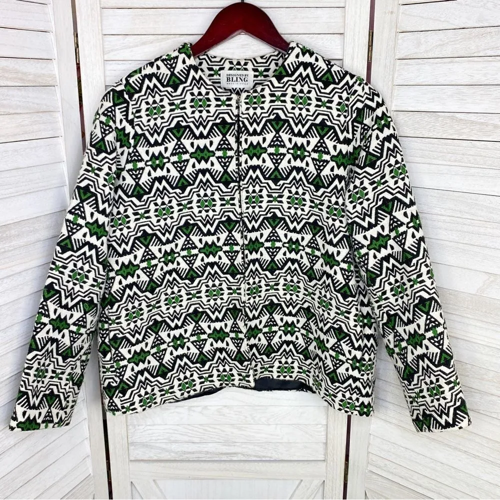 Designed by BLING Aztec Print Dobby Weave Boho Jacket Green White Black Small - Image 2
