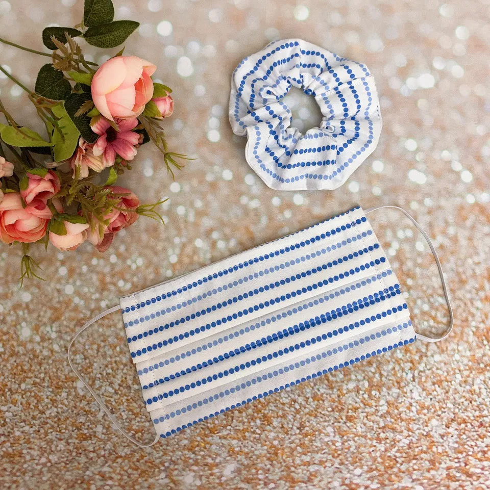 Blue White Dots Face Mask And Scrunchy Multiple - Image 3