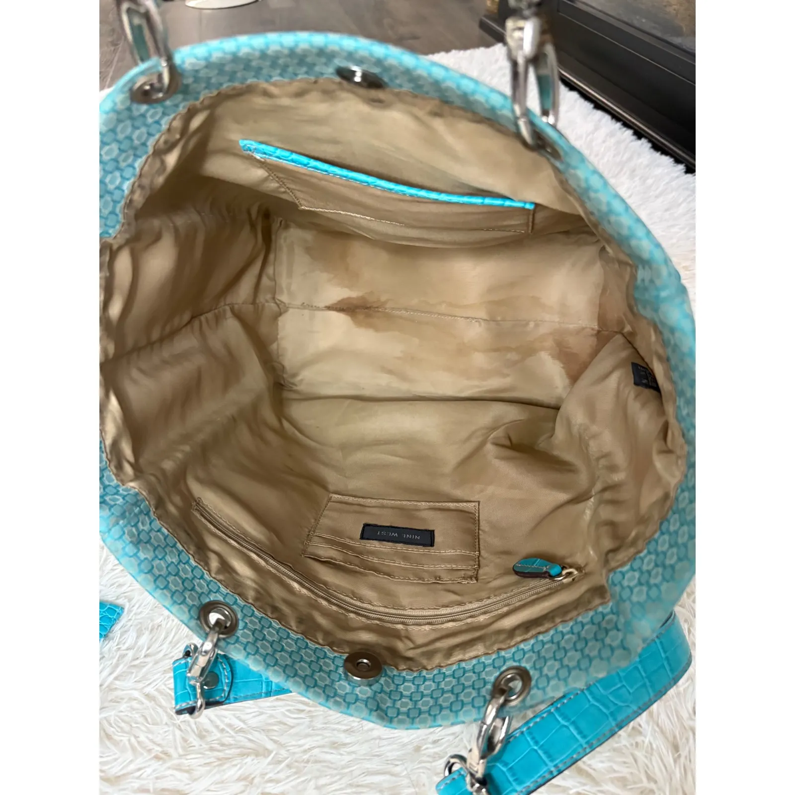 Vintage Teal Blue Tote Bag with Crocodile Embossed Pouch Purse‎ Satchel Travel - Image 10