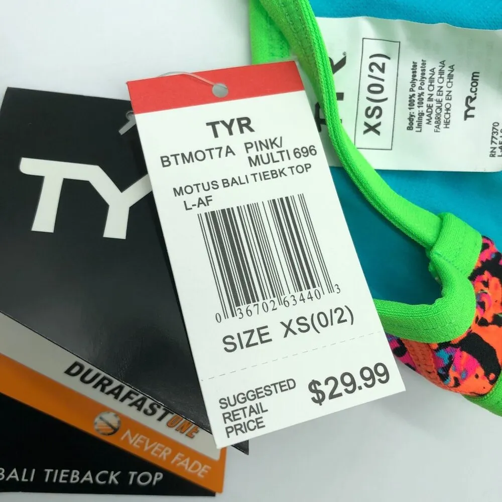 TYR Womens Motus Bali Tieback Triangle Bikini Active Swim Top Green Colorful XS - Image 5