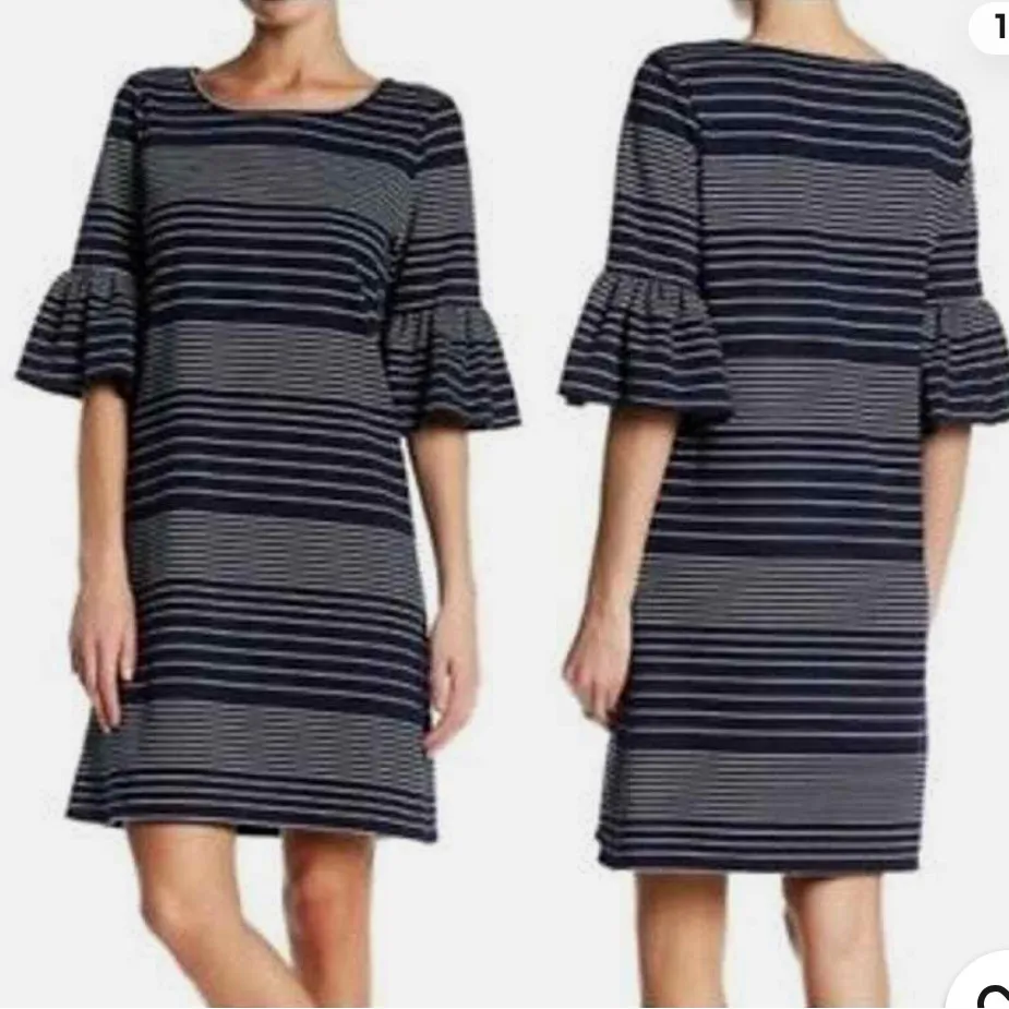 Max Studio 3/4 Ruffled Bell Sleeve Dress Navy Blue Heather Scoop Neck Midi - Image 5