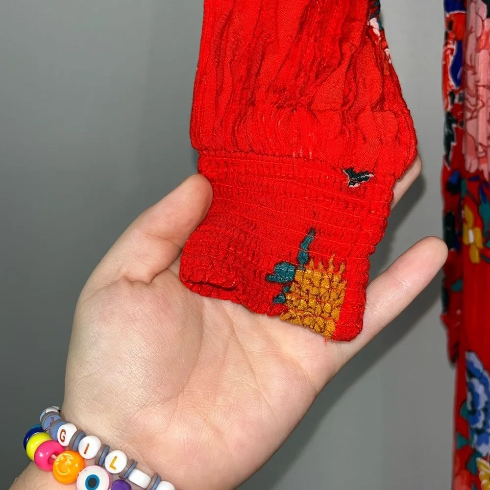 Anthropologie Boswell Textured Wrap Tunic Red Floral Midi Dress Boho 0 Brunch - Image 4