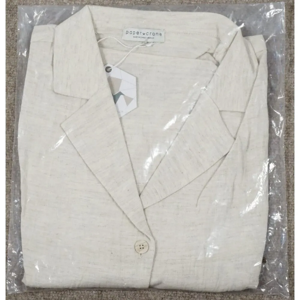 Paper Crane Biege Cream Linen Collared Button-up Crop Blouse Shirt Woman's SMALL - Image 9