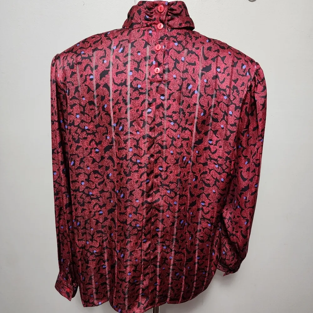Vintage Laura & Jayne red floral jaquard stripe mockneck blouse size 18 Size M - Image 5