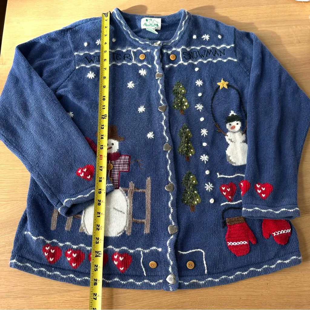 Vtg 90s Quacker Factory Cardigan Snowman Winter Holiday Granny Knit Sweater L - Image 11