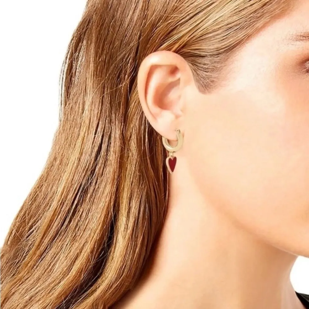 Betsey Johnson Gold Tone Heart Huggie Hoop Earrings Red Heart Drop NWT - Image 3