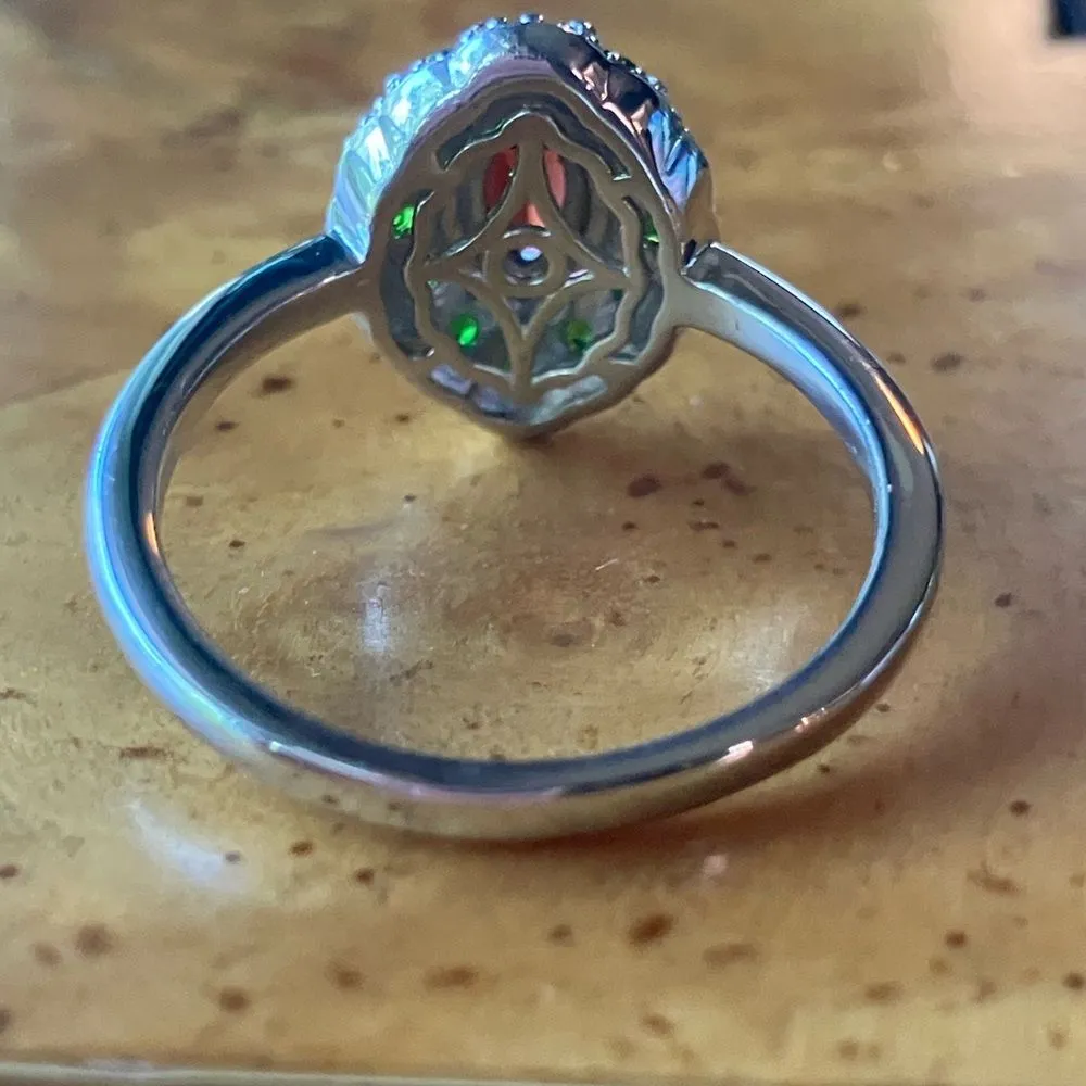 Natural Red Garnet Chrome Diopside Sterling Silver Halo Ring Size 10 Green - Image 4