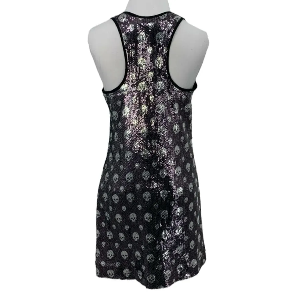 Betsey Johnson Skull Sequin Tank Dress Raceback Sz M Shiny Mini RARE grunge - Image 6