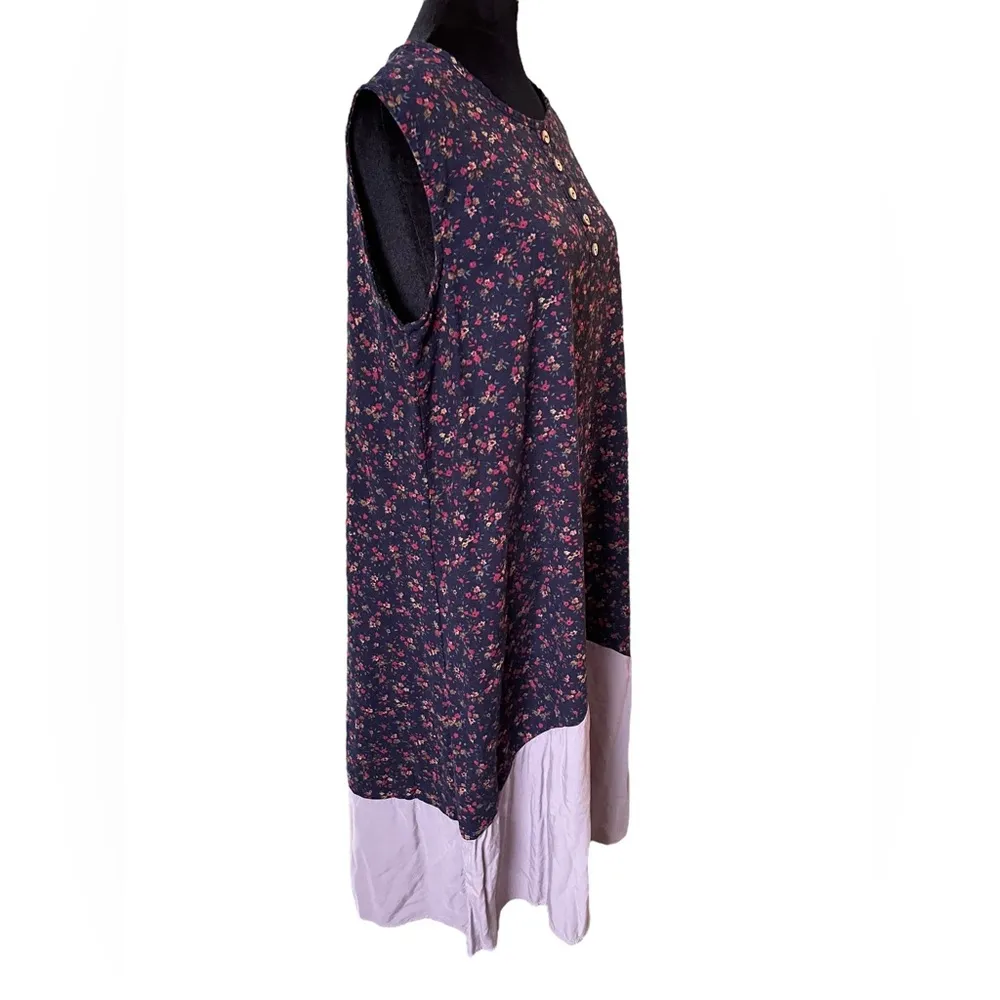 Hippie Boho Prairie Retro Earthy Asymmetric Floral Patchwork Midi Tunic Dress Size XL - Image 3