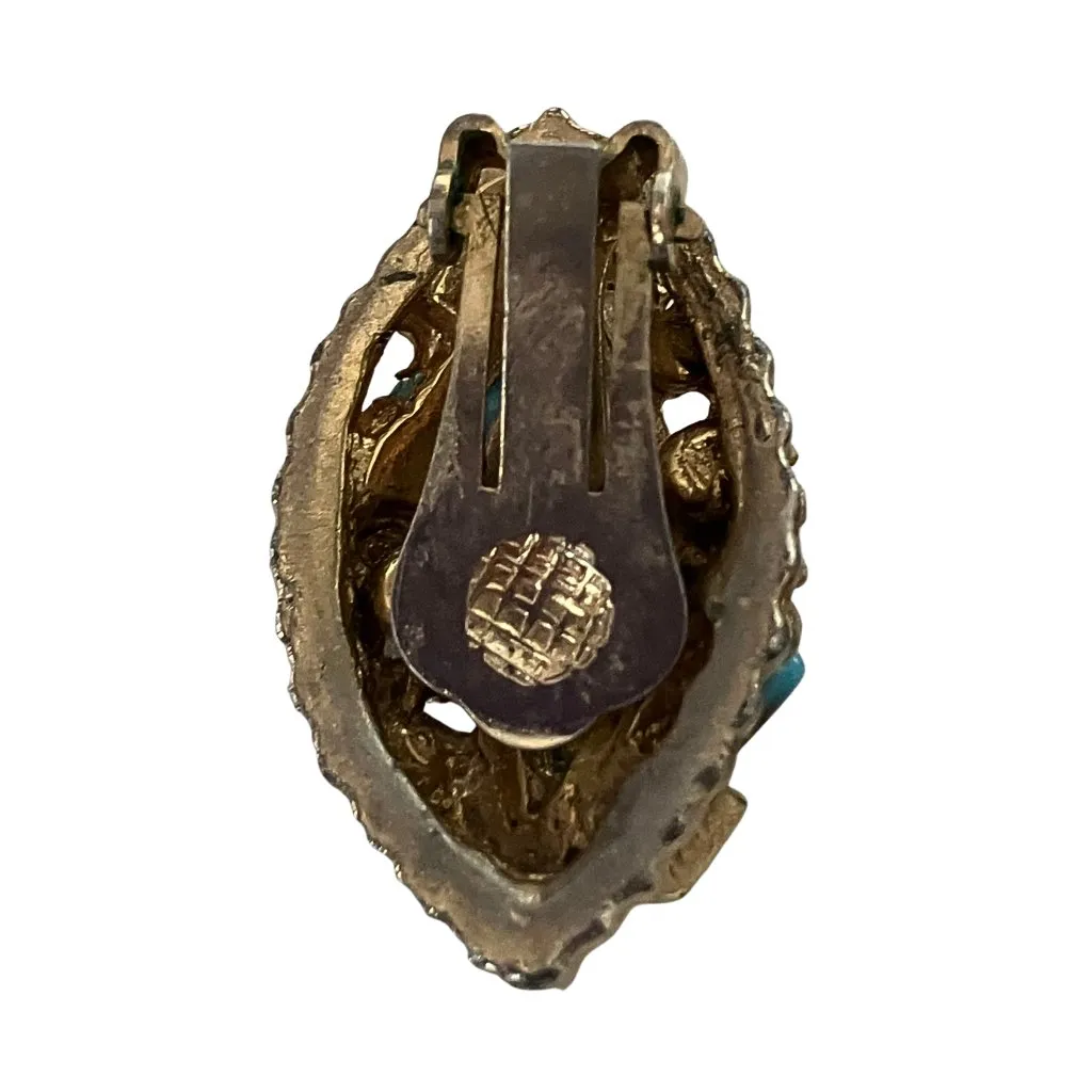 Vintage 60s Faux Turquoise Hubble Glass Gold Tone Clip On Earrings Geode Retro - Image 6