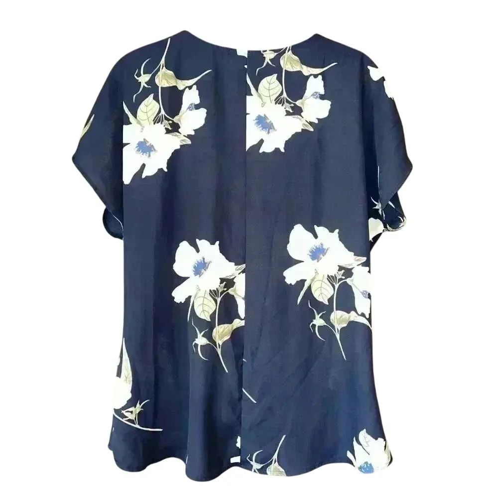 West Kei Floral Print Twist‎ Front Top Navy Blue White Flowers Blouse - Image 2