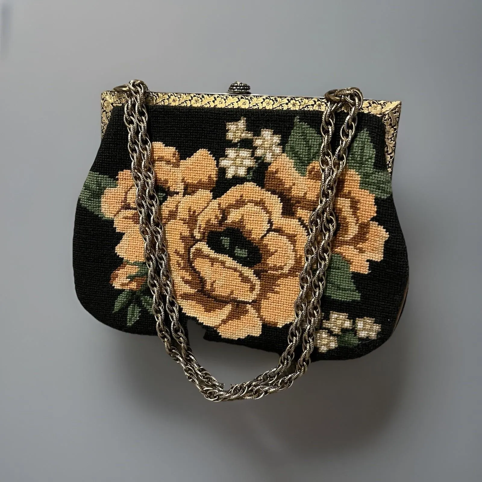 Vintage Tapestry Floral Needlepoint Handbag Convertible Chain Strap Black - Image 2