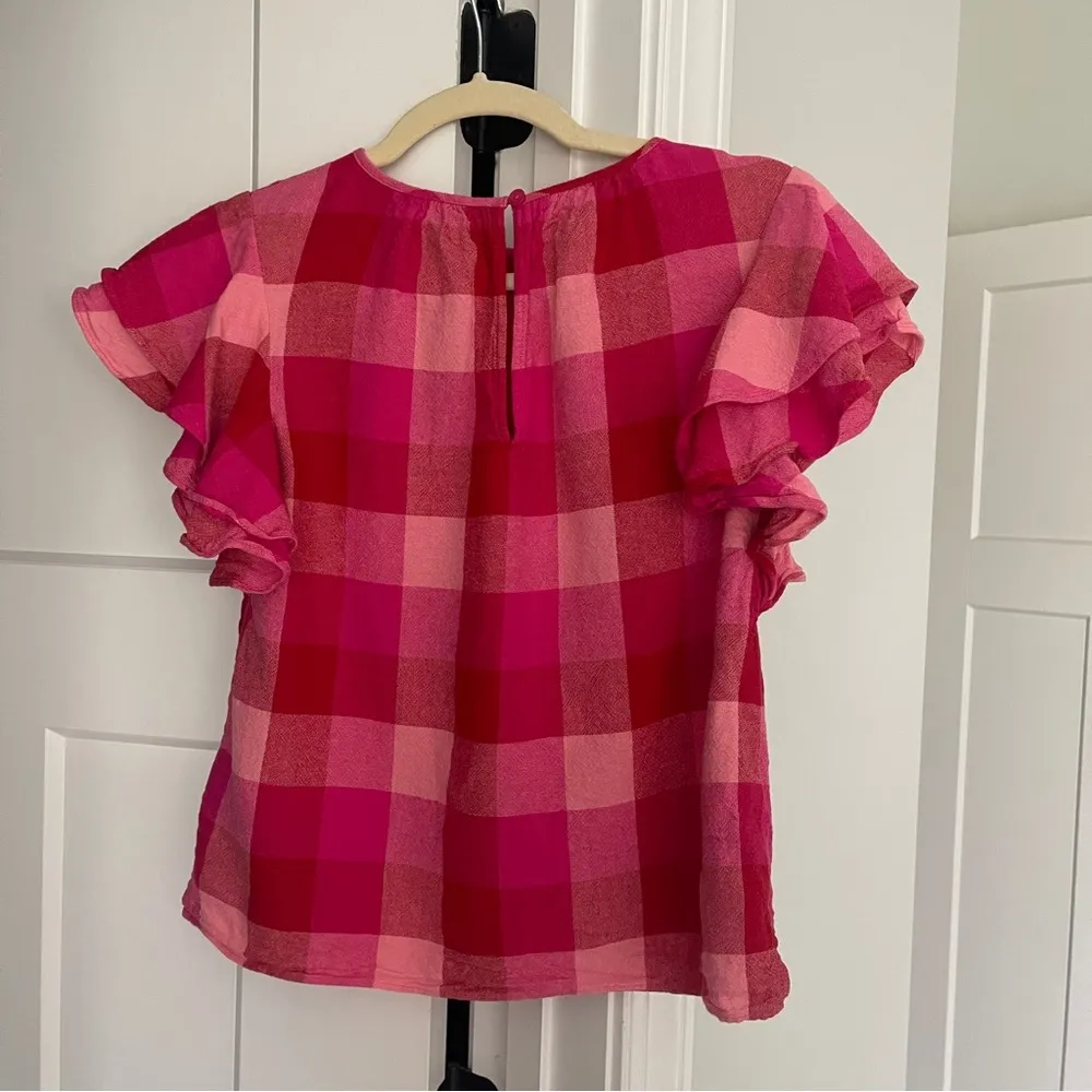 Kate Spade Picnic Woven Flutter-sleeve Top Pink Red Ruffle Short Sleeve Blouse - Image 4