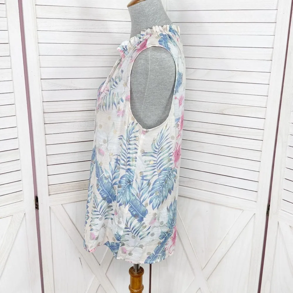 Harve Bernard Tropical Print Tie Neck Sleeveless Blouse White Multi Medium - Image 2